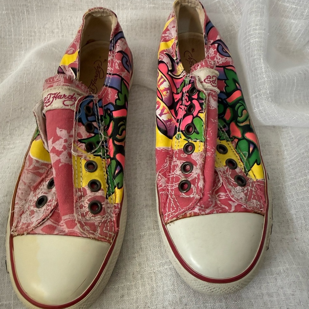 Ed Hardy Women's Pink and Yellow Graphic Sneakers - Picture 3 of 7